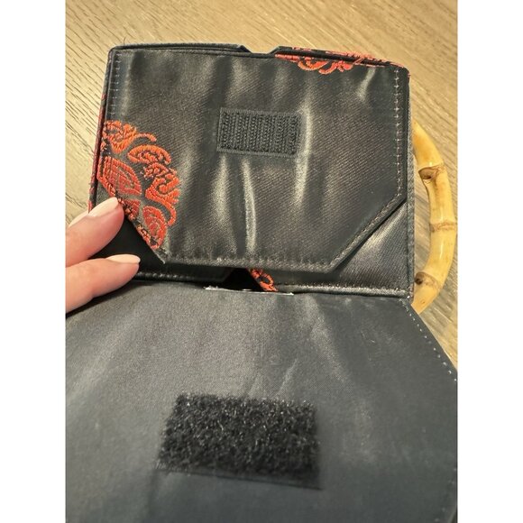 Vintage Tozai Chinese Takeout Box Purse Black & Red Satin-Bamboo Top Handle - Picture 10 of 12